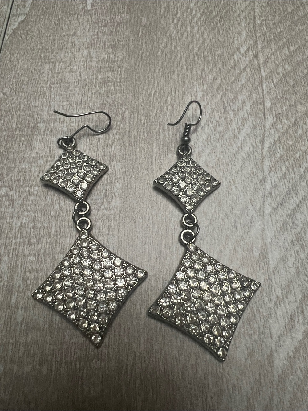 Silver Crystal Pave Double Diamond Drop Earrings